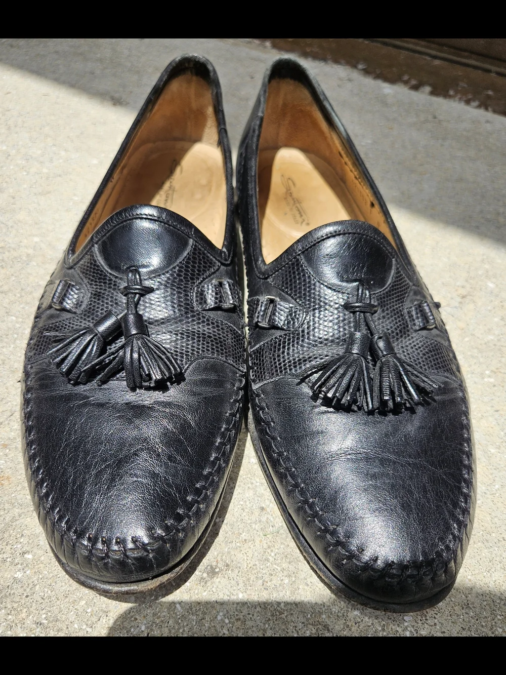 Santoni Black Leather Lizard Trim Tassel Loafers Shoes Italy Men's US 12 B